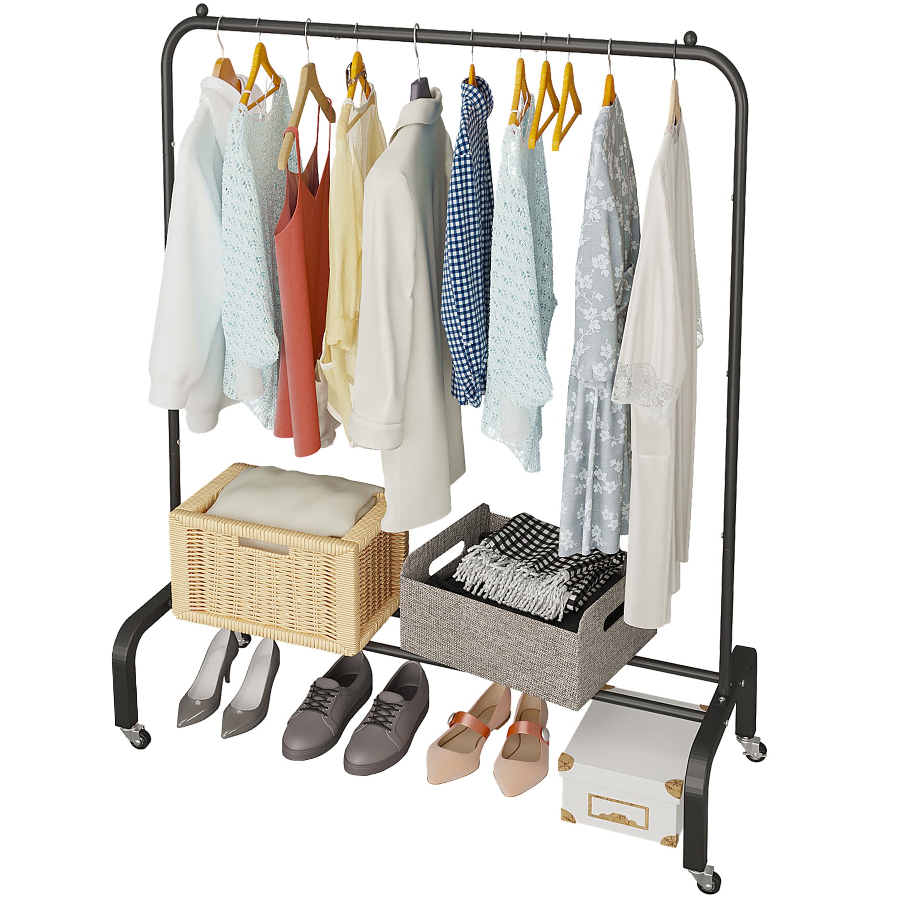 Photo 1 of **POSSIBLY FOR PARTS/ STAND NOT STABLE** JIUYOTREE Metal Clothing Rack with Wheels, 43.3 Inches Rolling Clothes Garment Coat Rack with Bottom Shelf, Clothing Rack for Hanging Clothes, Coats, Skirts, Shirts, Sweaters, Black