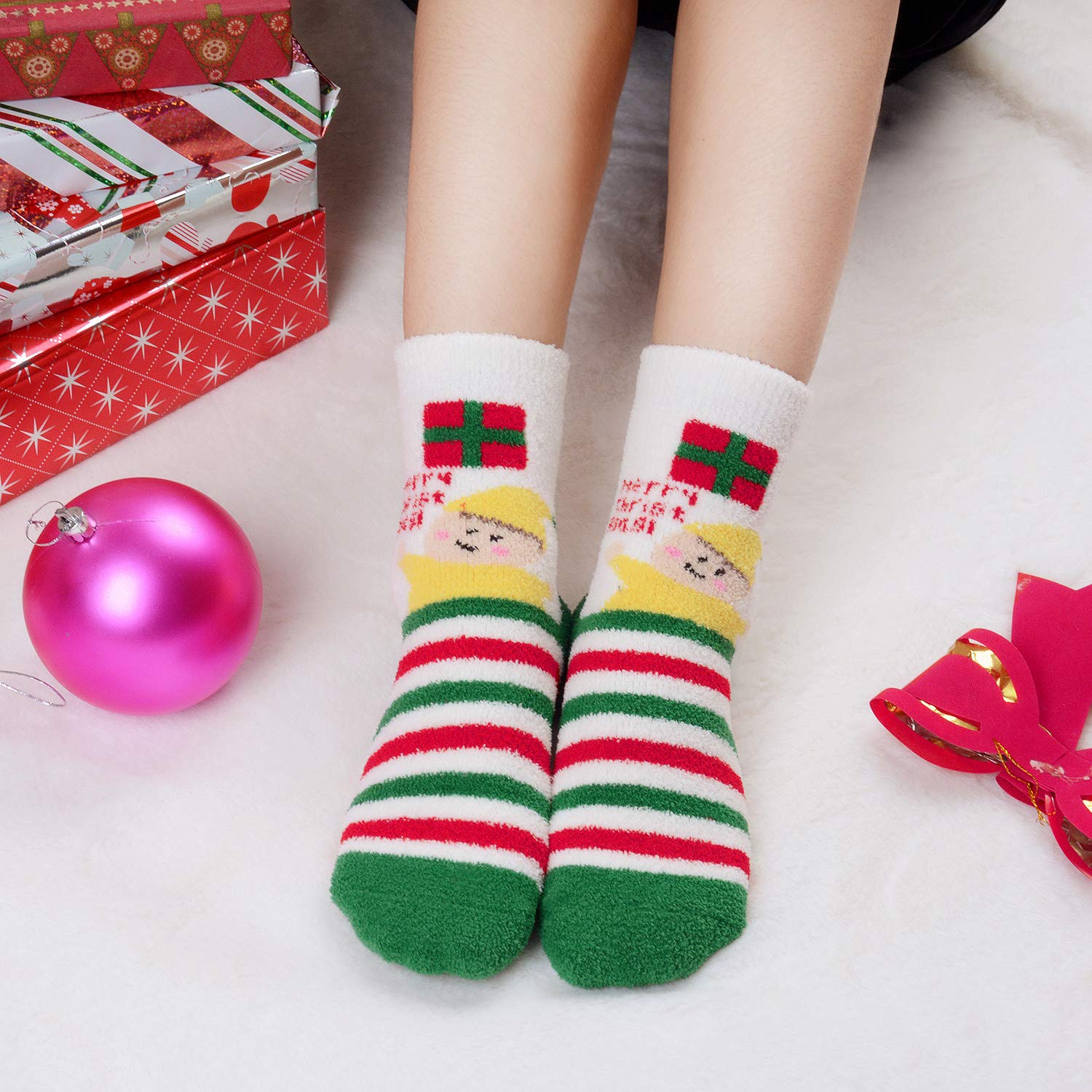 Womens Christmas Fuzzy Socks, Fascigirl 6 Pairs Winter Warm Cozy Xmas Home Socks Holiday Socks Cute Slipper Socks for Women Christmas Gifts for Kids Girls