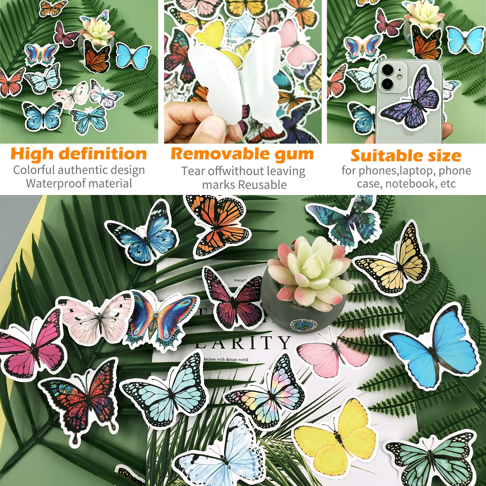 100 PCS Butterfly Stickers Pack, Colorful Lovely Waterproof Stickers for Laptop, Scrapbook, Window, Butterfly Sticker for Water Bottle, Envelope, Gift for Teens, Adults