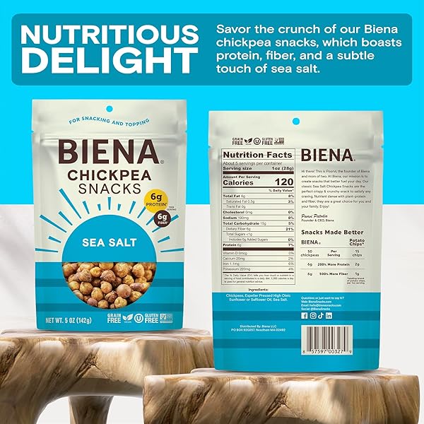 BIENA CHICKPEA SNACKS – CRUNCHY ROASTED CHICKPEAS – HIGH FIBER VEGAN PROTEIN SNACKS FOR ADULTS AND KIDS – 4-PACK, 5 OUNCE BAGS – SEA SALT