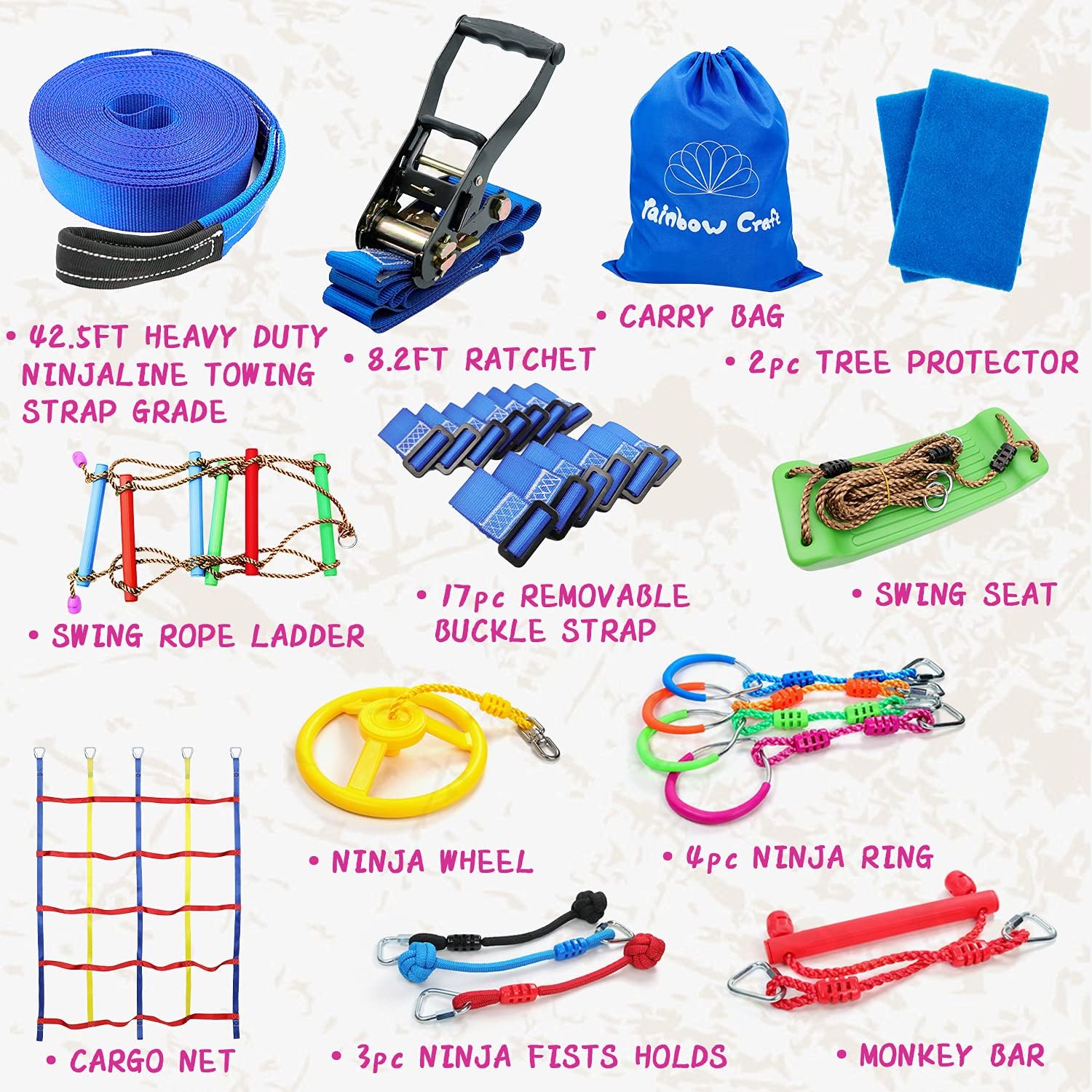 Rainbow Craft 50ft Ninja Warrior Obstacle Course for Kids - Ninja Slackline with 17 Removable Buckle Loops, Ninja Course Training Equipment, 12 Ninja Accessories, Ninja Course for Kids Outside: Toys & Games
