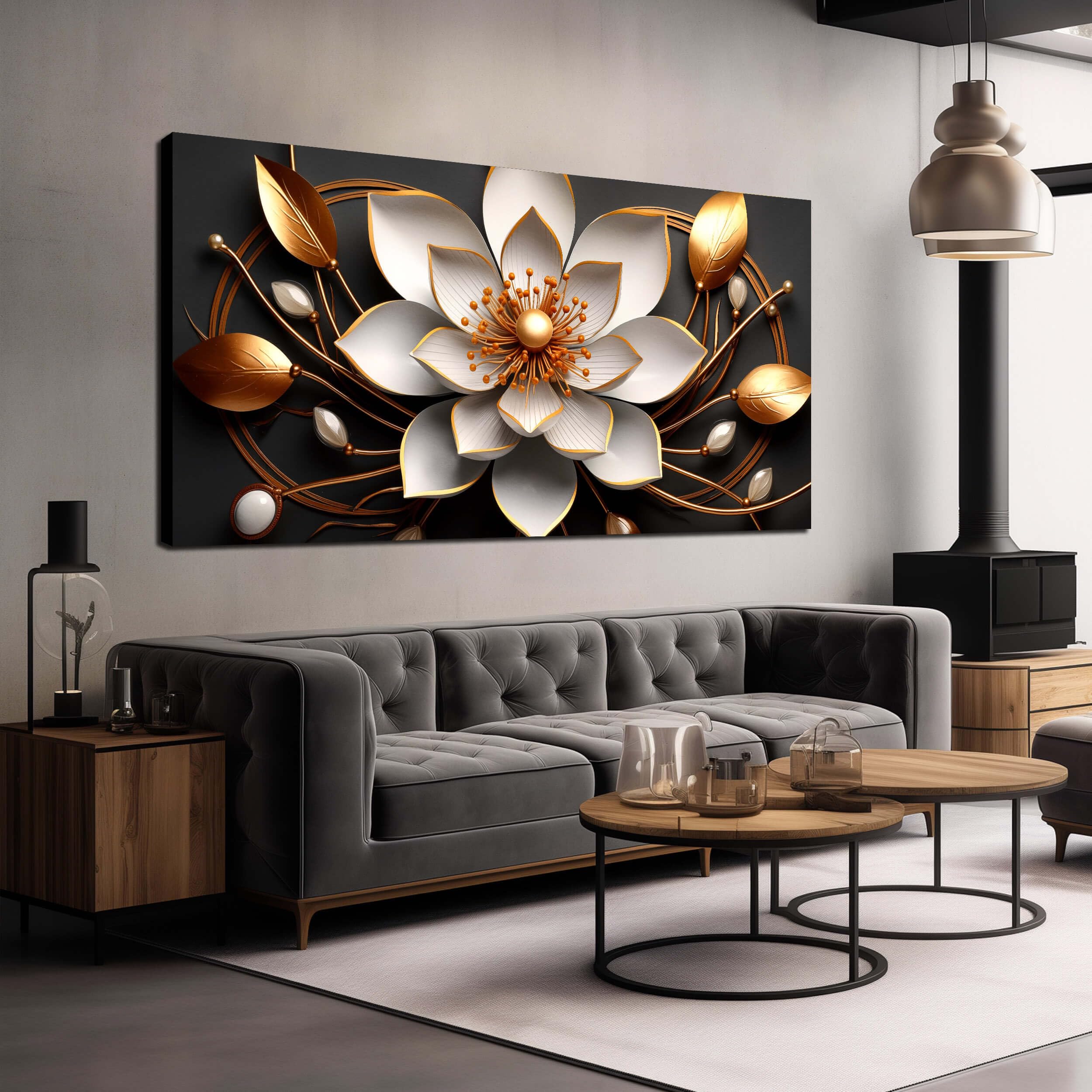 Photo 1 of Large Canvas Wall Art Gold and White Flower Picture Wall Decor for Living Room Office Bedroom Decor Wall Painting Framed Wall Art Modern Artwork Decorative Painting Wall Art Ready to Hang 30x60 in