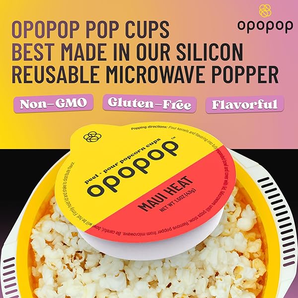 OPOPOP MICROWAVE POPCORN – POP CUPS MAUI HEAT 6-PACK, NON-GMO GOURMET POPCORN KERNELS & POPCORN FLAVORING, GLUTEN FREE SNACKS, EASY TO MAKE AND NO MESS