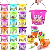 Nuogo 30 Pcs Plastic Easter Basket with Handles Bulk Colorful Small Cute Bunny Egg Hunt Buckets for Boys Girls Easter Goodies Party Favors Decorations