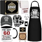 60th Birthday Gifts for Men Coffee Mug Set, 60th Birthday Party Supplies, Turning 60 Gift with 11 Oz Ceramic Cup Baseball Cap Apron Sock Bracelet Toilet Paper Keychain for Him, Dad, Husband, Friends