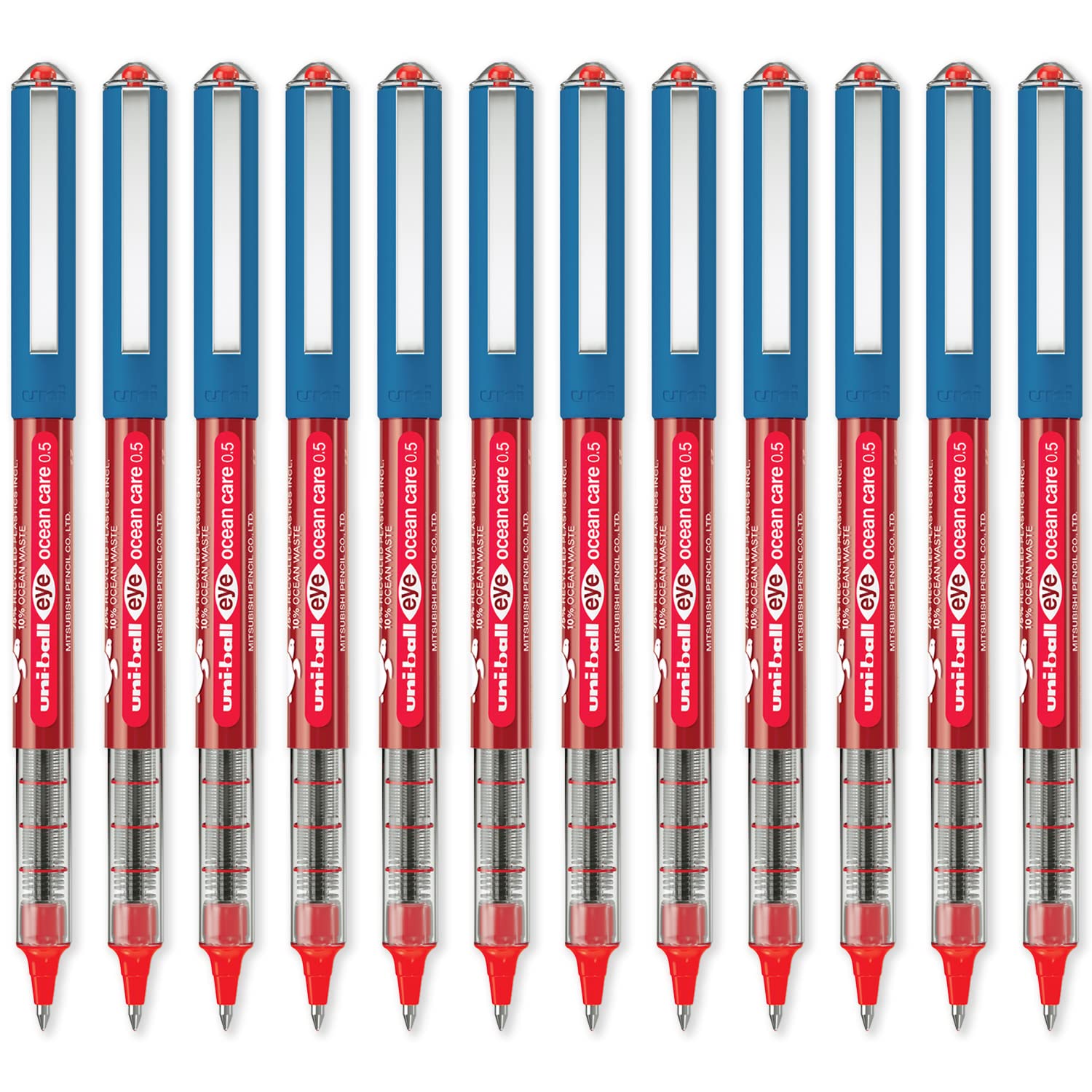 uni-ball Eye Ocean Care UB-150ROP Rollerball Pens - Micro 0.5mm Ballpoint Tip for Super Smooth Writing, Drawing, Art, Crafts and Colouring - Fade and Water Resistant - Pack of 12 Red Ink