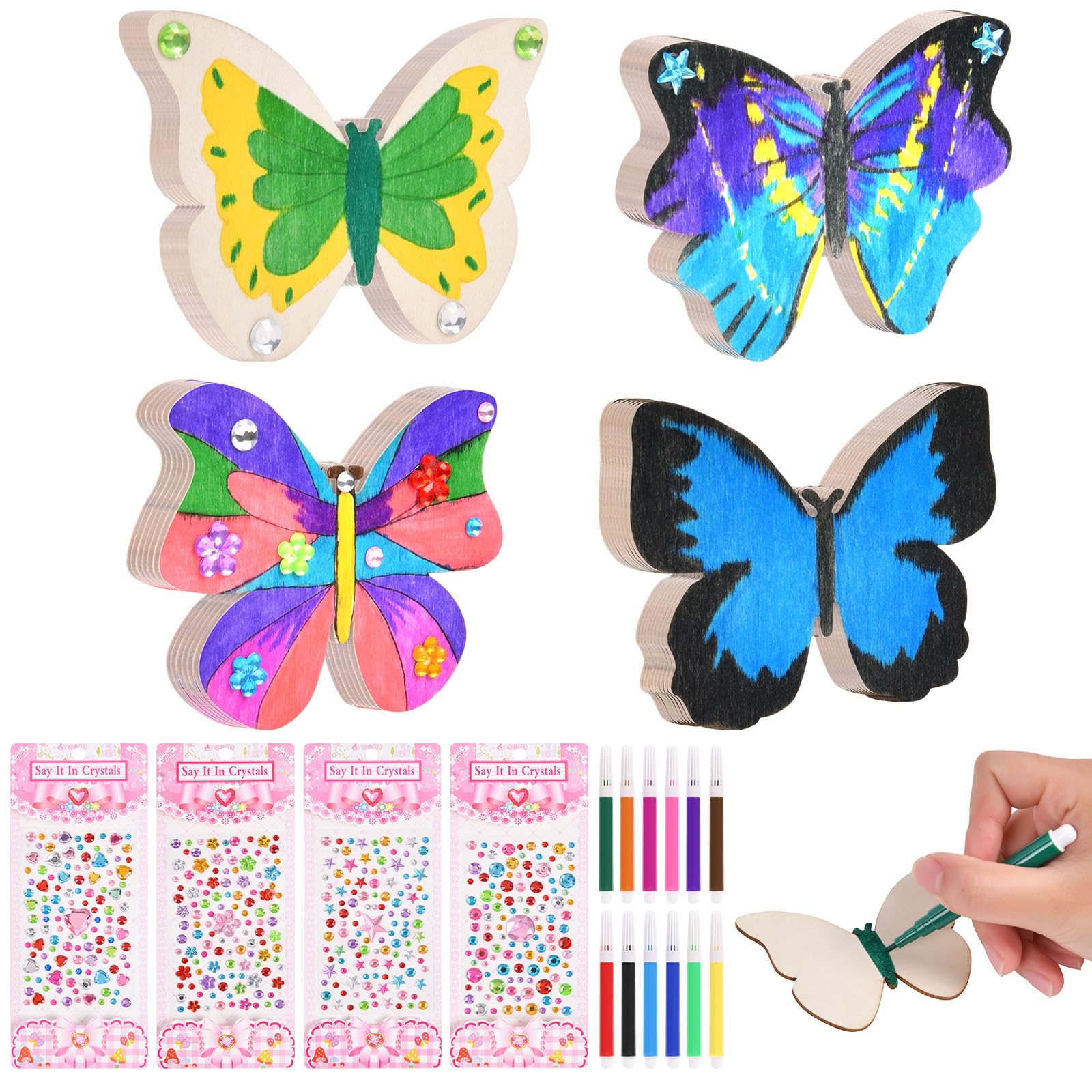 Ainiv 24Pcs Butterfly Craft Kit, Wooden Butterfly Crafts Kit, Creative DIY Arts and Crafts Gifts for Crafting Party Activities Home Garden Decor