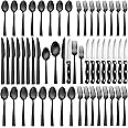 LIANYU 48-Piece Matte Black Silverware Set with Steak Knives, Stainless Steel Flatware Cutlery Set for 8, Square Eating Utensils Tableware Include Forks Knives Spoons, Dishwasher Safe