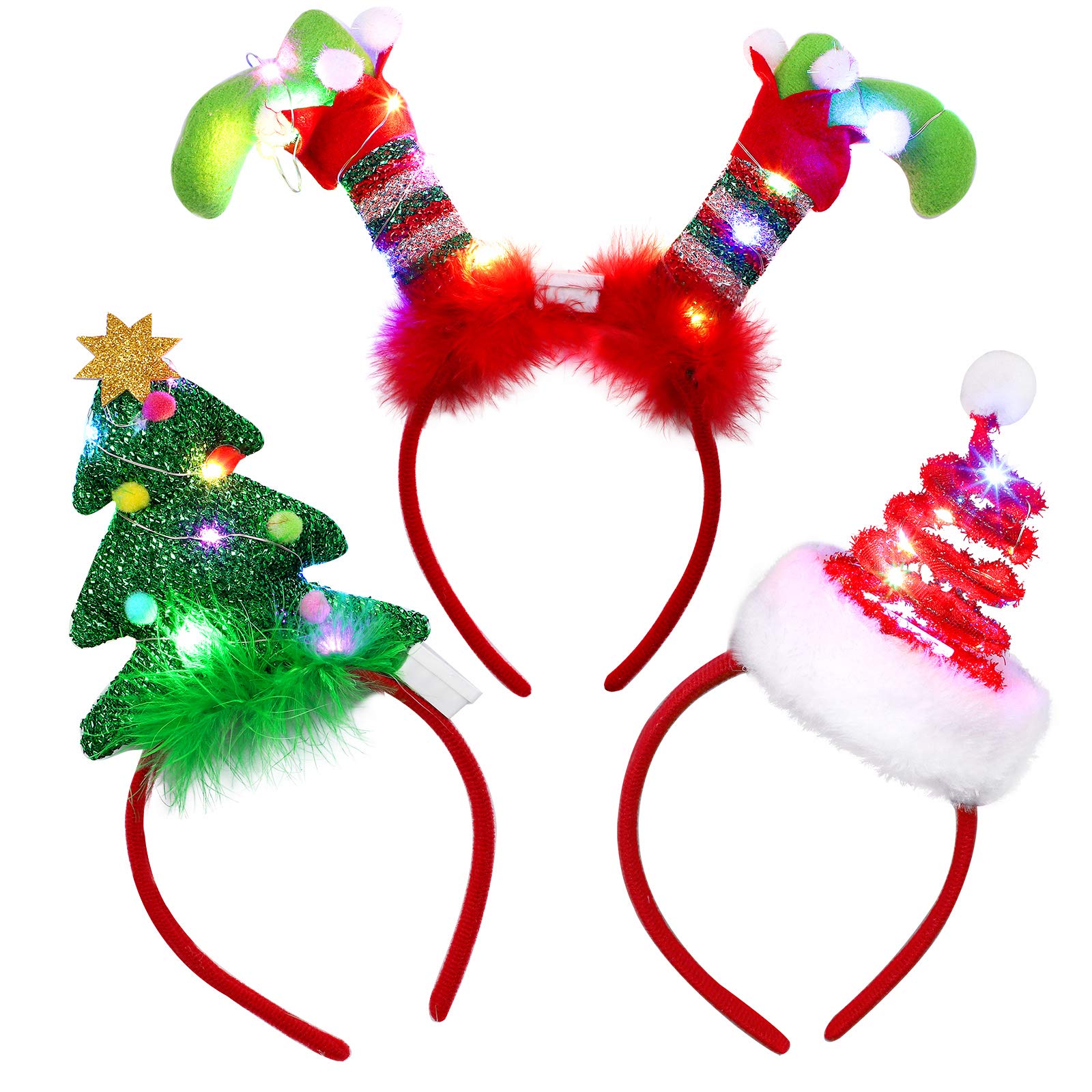 URATOT 3 Pack Christmas LED Headbands Christmas Tree Costume Headwear Elves Hair Hoop for Xmas Party Supplies