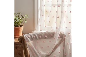 Horaldaily White Sheer Curtains for Living Room and Bedroom, Boho Drapes Farmhouse Pink Pom Pom Curtains Light Filtering Shee