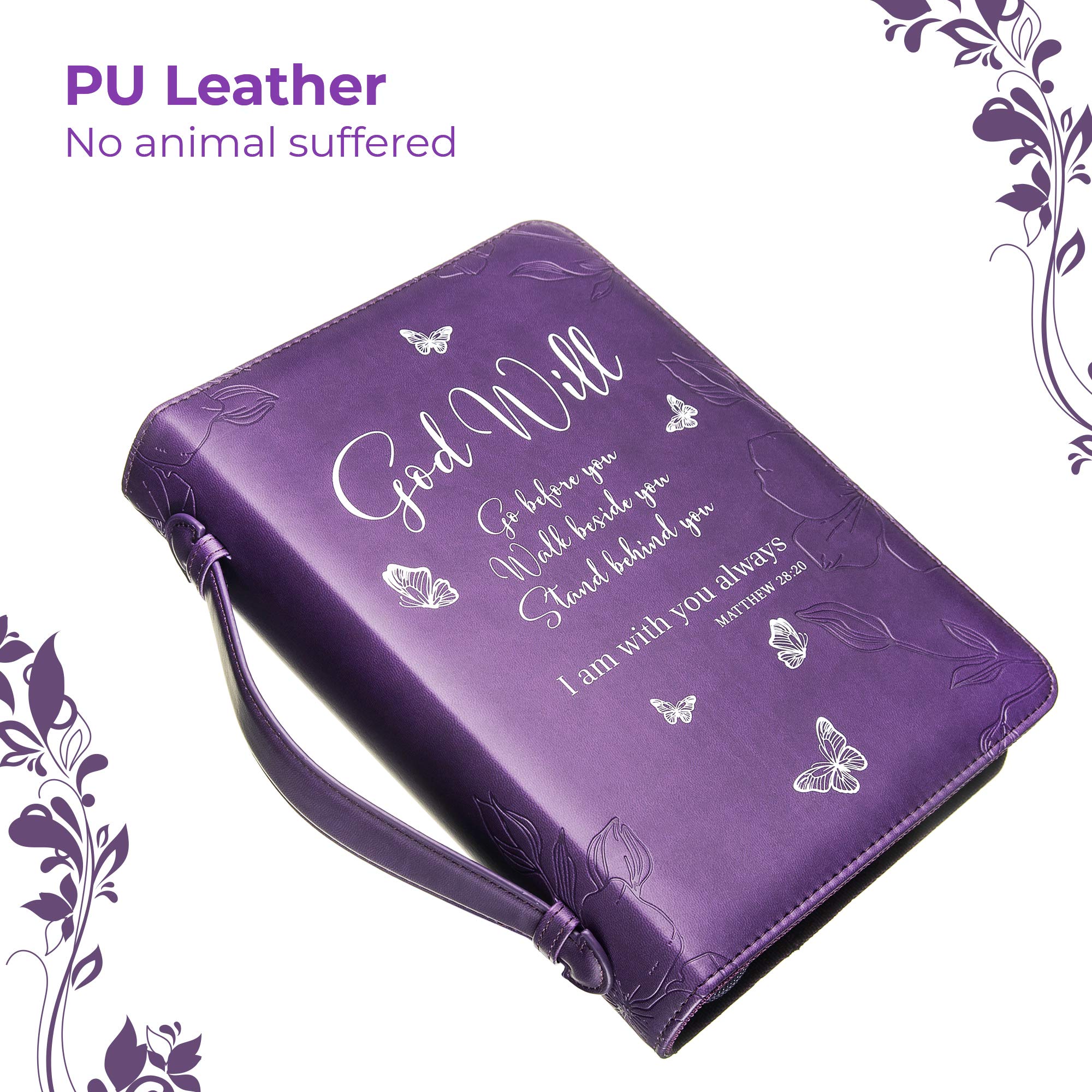 Bible Cover - Book Case in Purple with Butterflies - Blessed - Perfect Christian Gift for Women and Girls - Fits Most Popular Bible Sizes (10 x 7 x 2.5 inches) - Faux PU Leather
