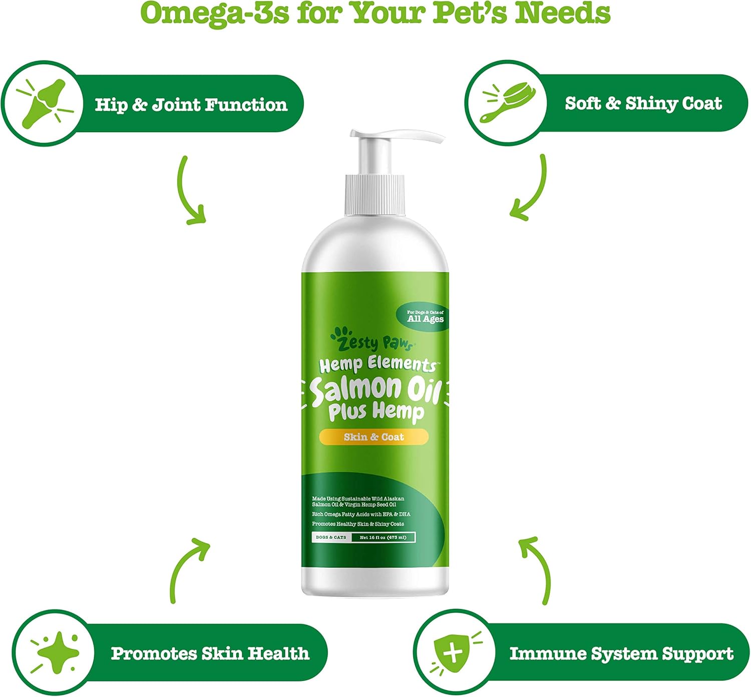 Zesty Paws Pure Wild Alaskan Salmon Oil with Hemp for Dogs Cats Omega