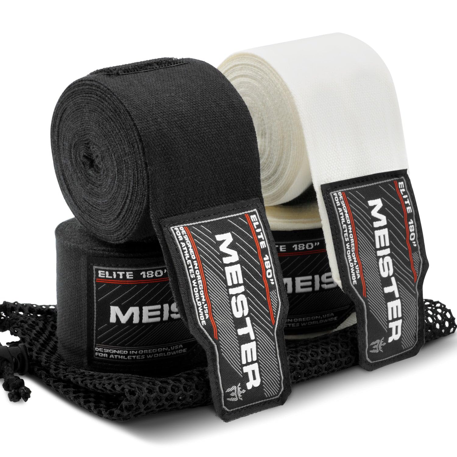 Meister Elite 180" Premium Adult Hand Wraps for MMA & Boxing - 2 Pair Pack w/Mesh Bag - Black/Vintage Ivory
