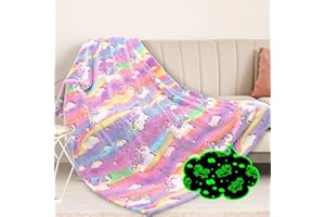 DESKSA Unicorn Blanket Glow in The Dark Blanket Kids Fleece Blanket Gifts for Girls Age 6-8 Soft Throw Blanket Cute Light Purple Blankets Teen Girls