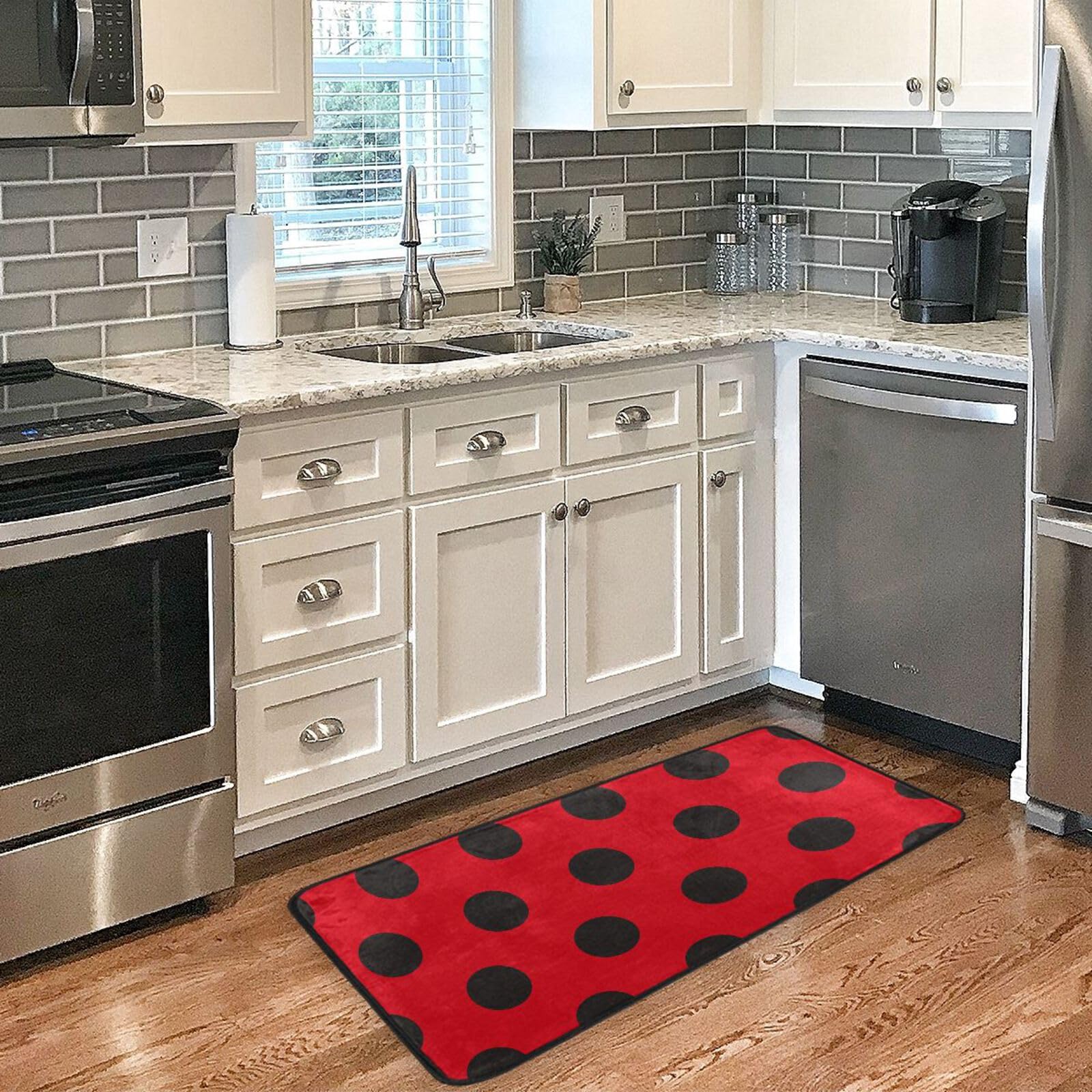 Photo 1 of Ladybugs Red Black Polka Dot Kitchen Rugs Floor Mat Anti Fatigue Kitchen Mats Non Skid Washable Bath Rug Runner Doormats Carpet Sink Mat Home Decor 39 X 20 inch