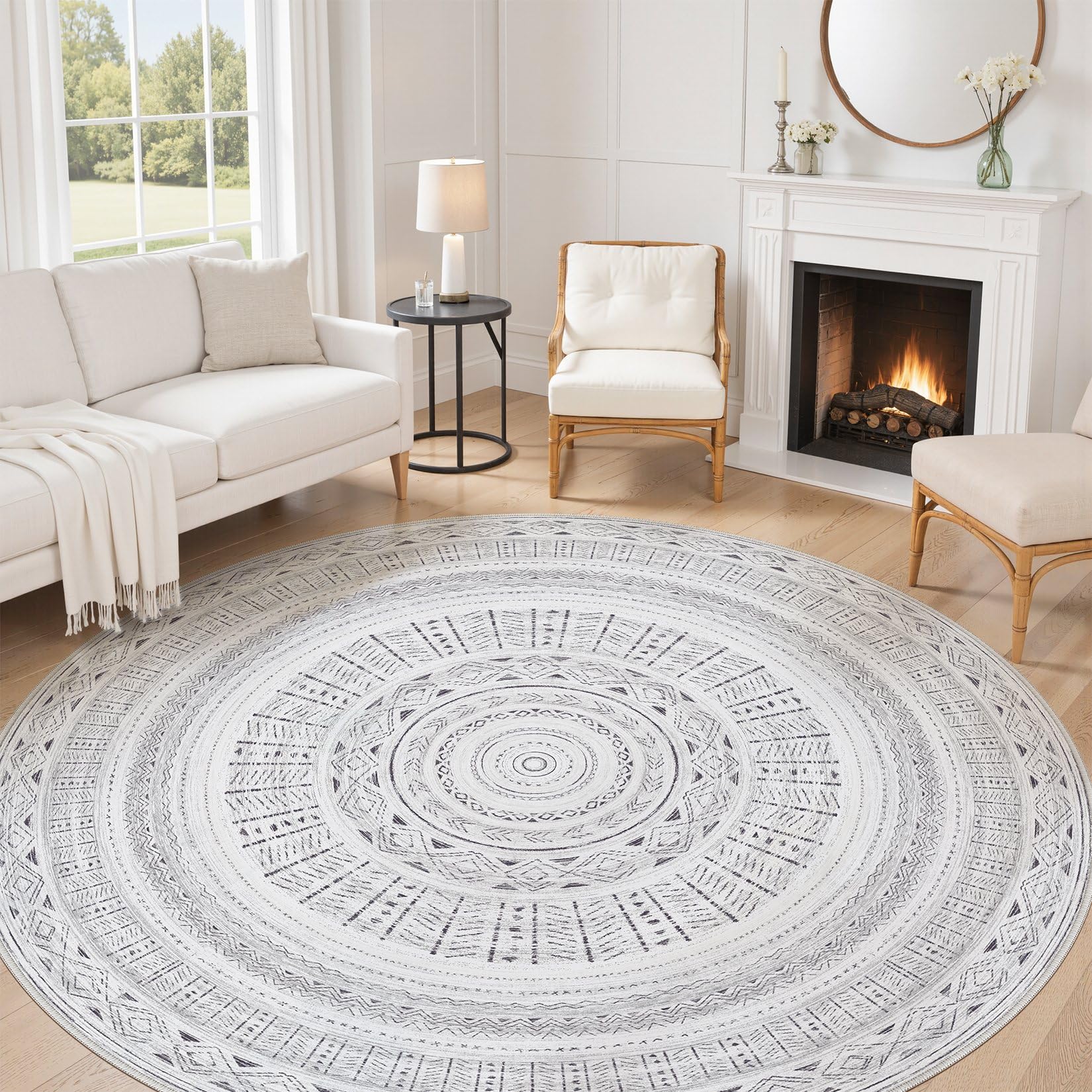 cotiled 8x8 Area Rug for Living Room, Washable Non-Slip Large Area Rug, Indoor Floor Carpet Low Pile Soft Boho Farmhouse Rug for Bedroom Dining Room (Dark Grey,8'x8') Image