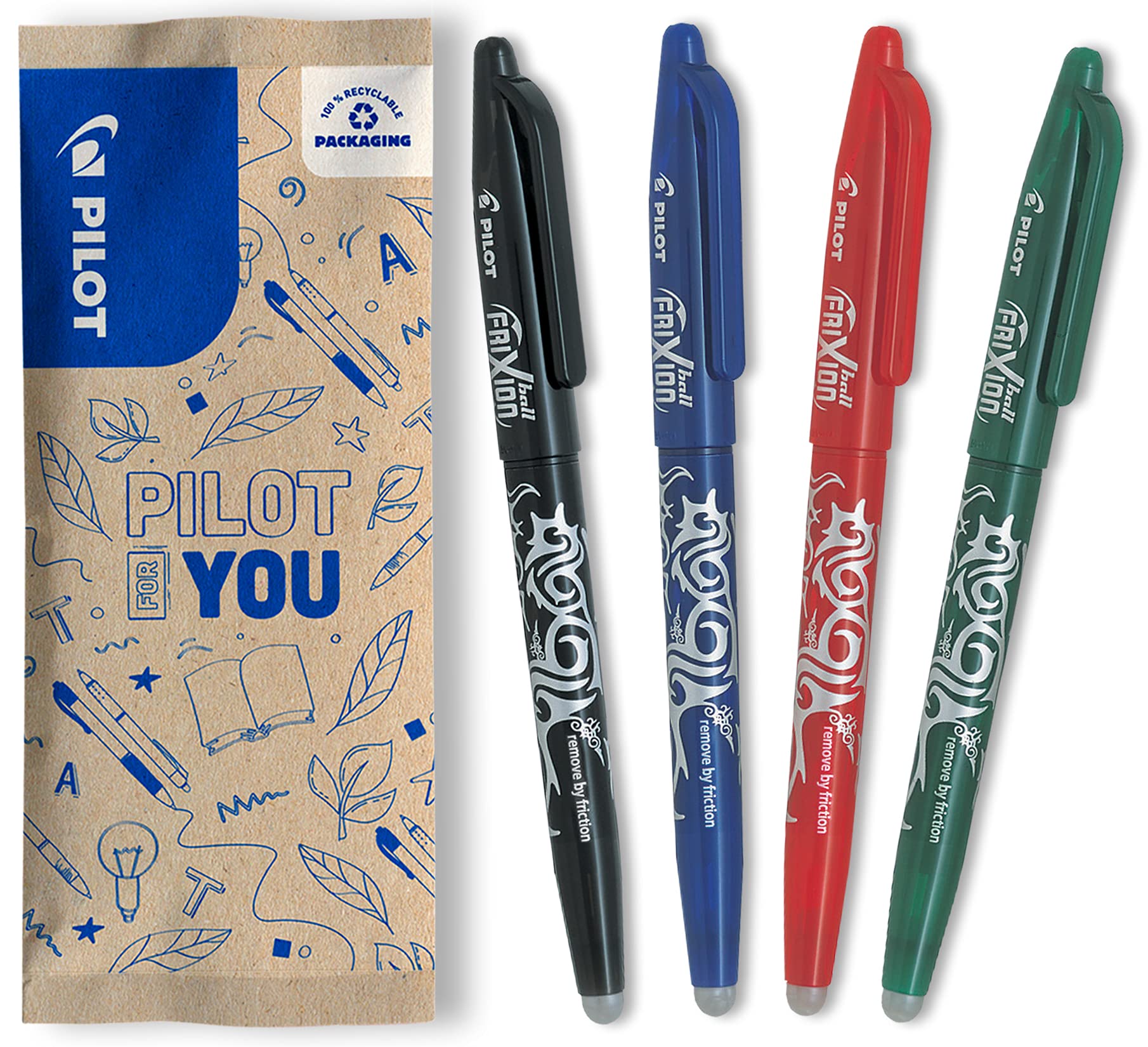 PILOT FriXion 0.7 Pack of 3+1 Roller-ball Pens Black/Blue/Red/Green – Medium Nib