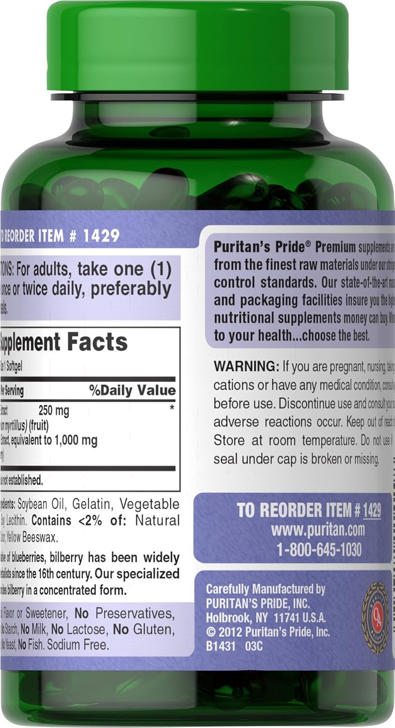 Bilberry Extract by Puritan's Pride®, Contains Antioxidant Properties*, 1000mg Equivalent, 180 Rapid Release Softgels: Health & Personal Care