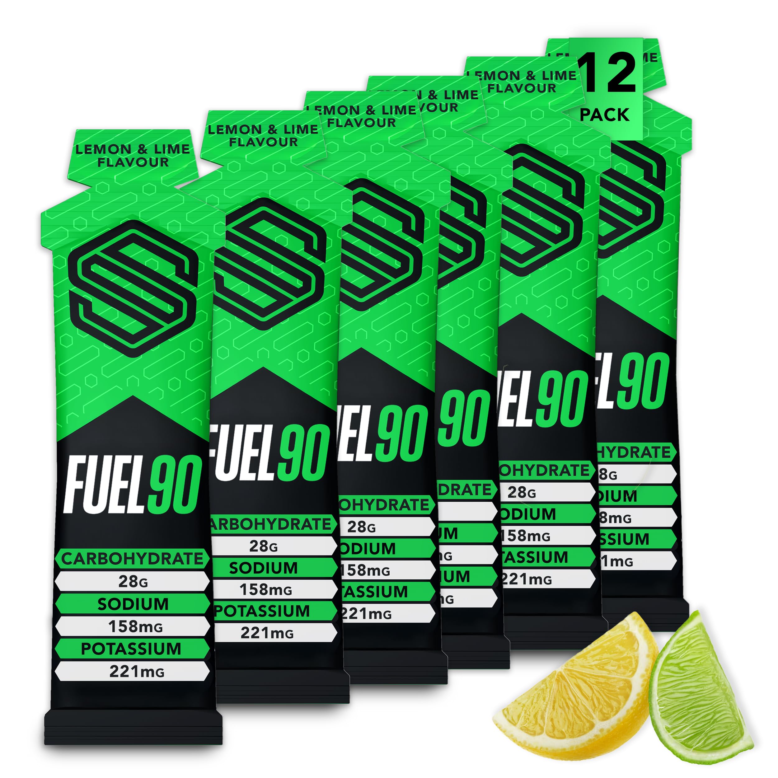 Soccer Supplement Fuel90 Quick Release Energy Gels (12 Pack), Sports Gels with Carbohydrates and Electrolytes (Lemon & Lime)