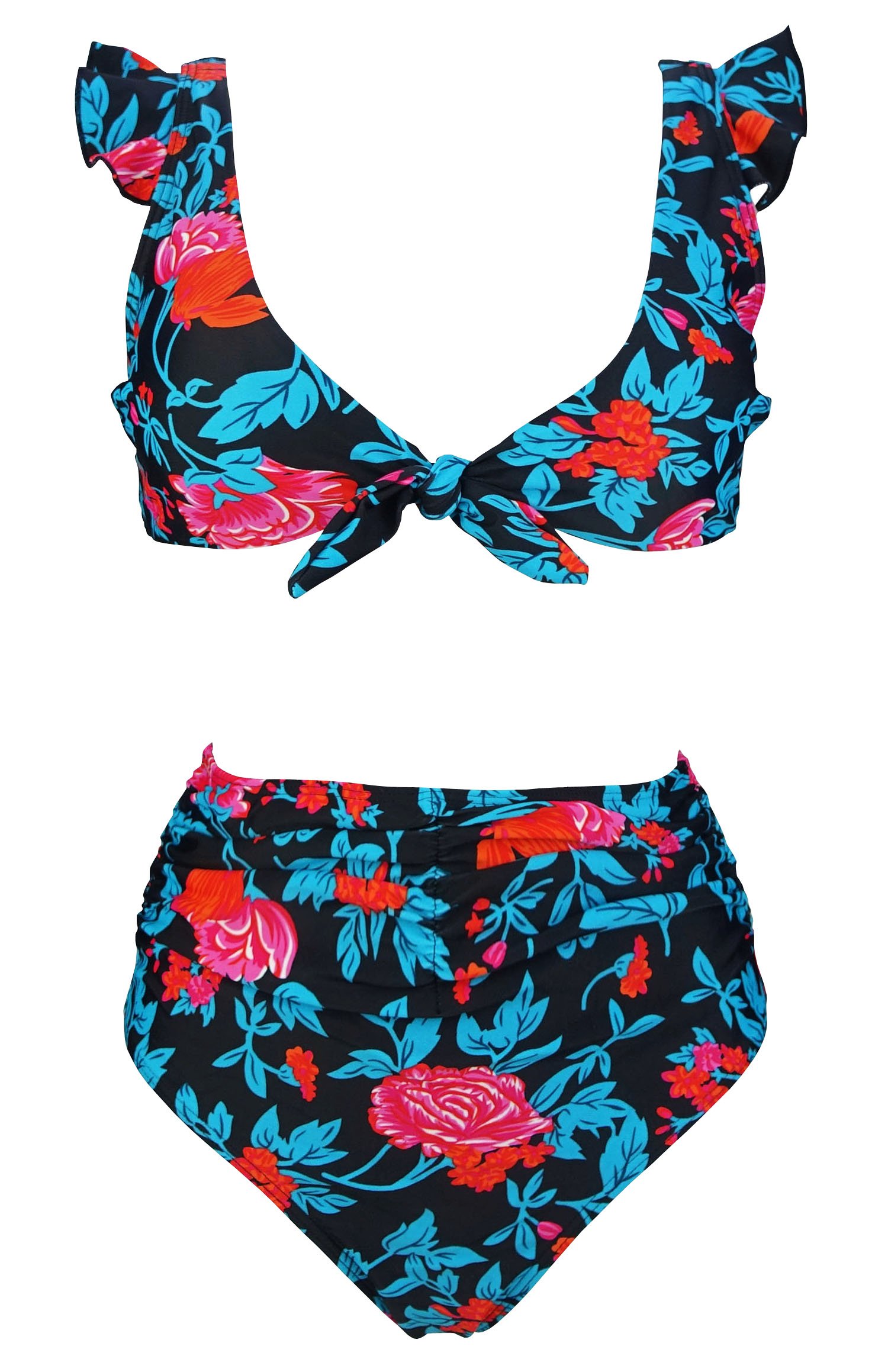 COCOSHIP Women's Retro Floral High Waisted Shirred Bikini Set Tie Front Closure Top Ruffle Swimsuit(FBA)