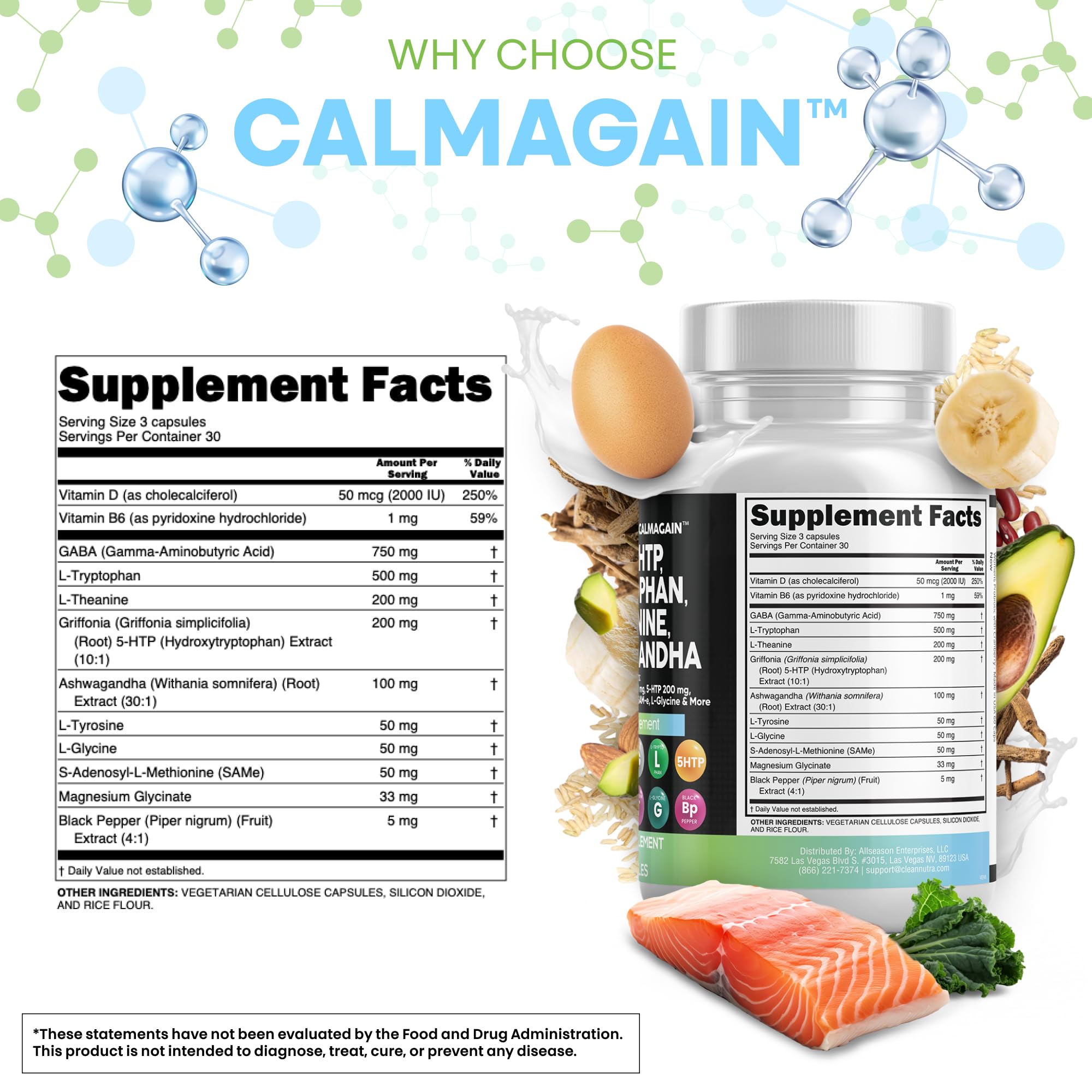 Clean Nutraceuticals GABA 750mg 5 HTP 200mg L Tryptophan 500mg L Theanine 200mg Ashwagandha SAM-e L-Glycine - Mood Support Vitamins for Women and Men with L-Tyrosine 5-HTP (5-Hydroxytryptophan)