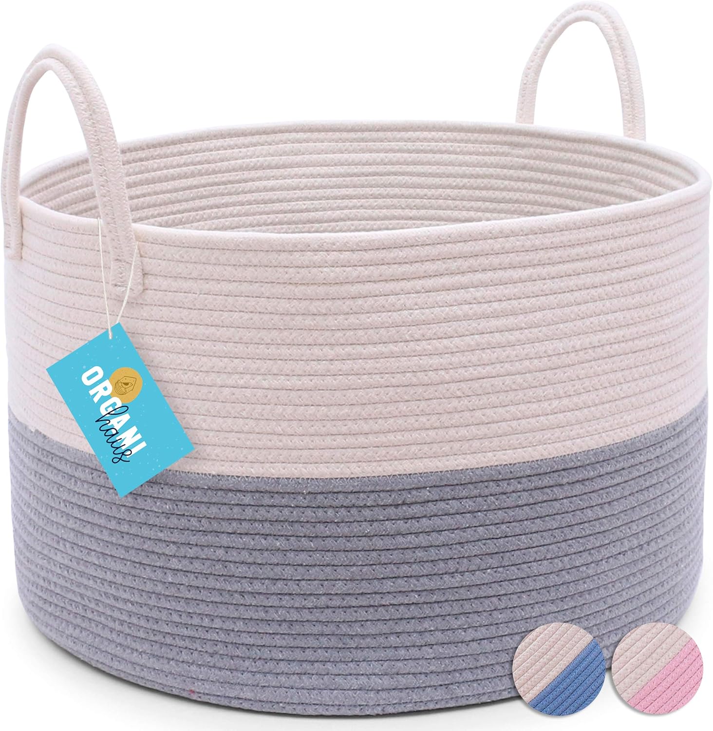 OrganiHaus XXL Extra Large Cotton Rope Basket | 20"x13.5" Nursery Storage Basket with Long Handles | Decorative Nursery Organizer Basket | Wide White and Grey