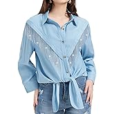 Deaboat Rhinestone Fringe Womens Button Down Shirt Rolled 3/4 Sleeve Tie Front Top Western Cowgirl Shirt