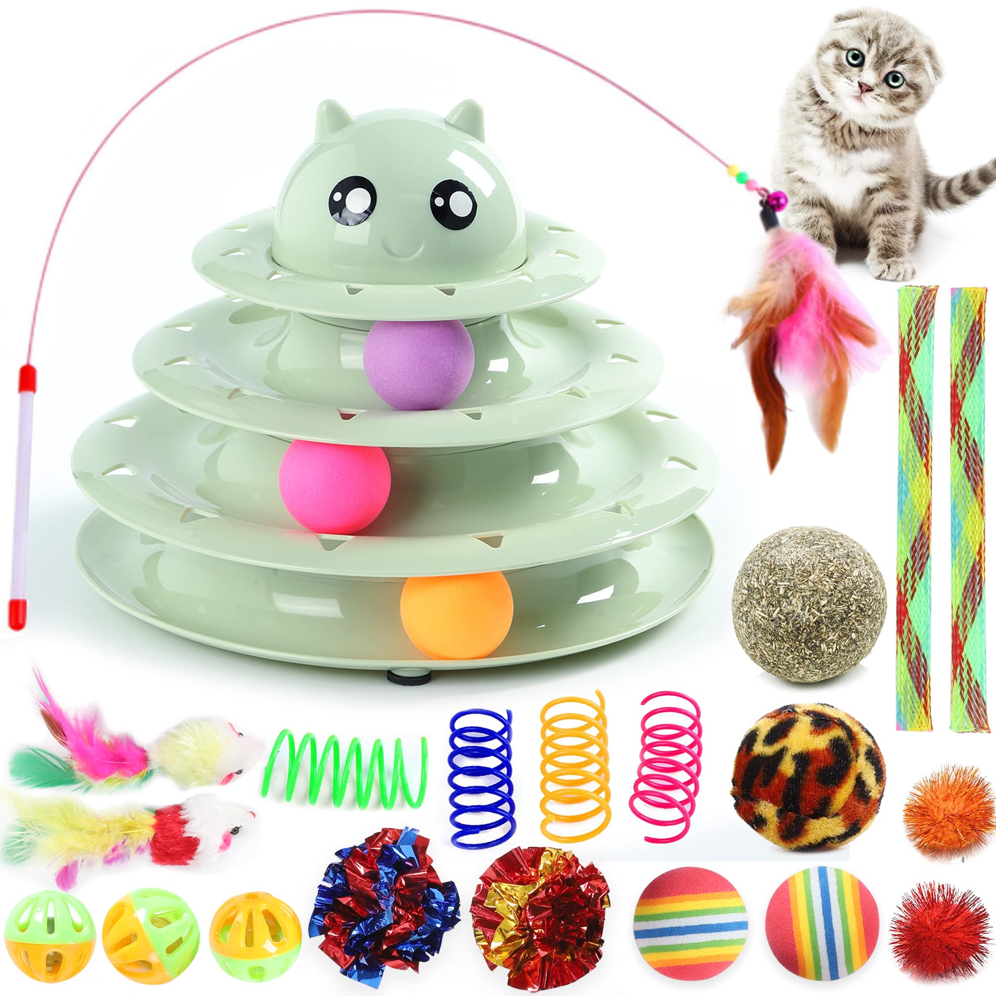 Suhaco 21 Pack Cat Toys for Indoor Cats Interactive Kitten Toy Fun Roller 3 Level Cats Ball Toys with Catnip Ball Self Play Cat Feather Wand Kitty Toy for Boredom (Green) — image 1