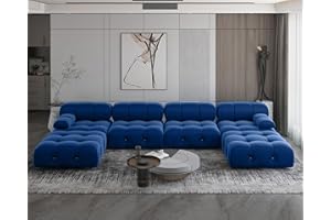JACH 138" Convertible Modular Sectional Sofa, U-Shaped Minimalist Velvet Sofas Couches, Luxury Modern 6-Seat Couch Sectional with Chaise Ottomans for Living Room Bedroom Office Apartment, Blue