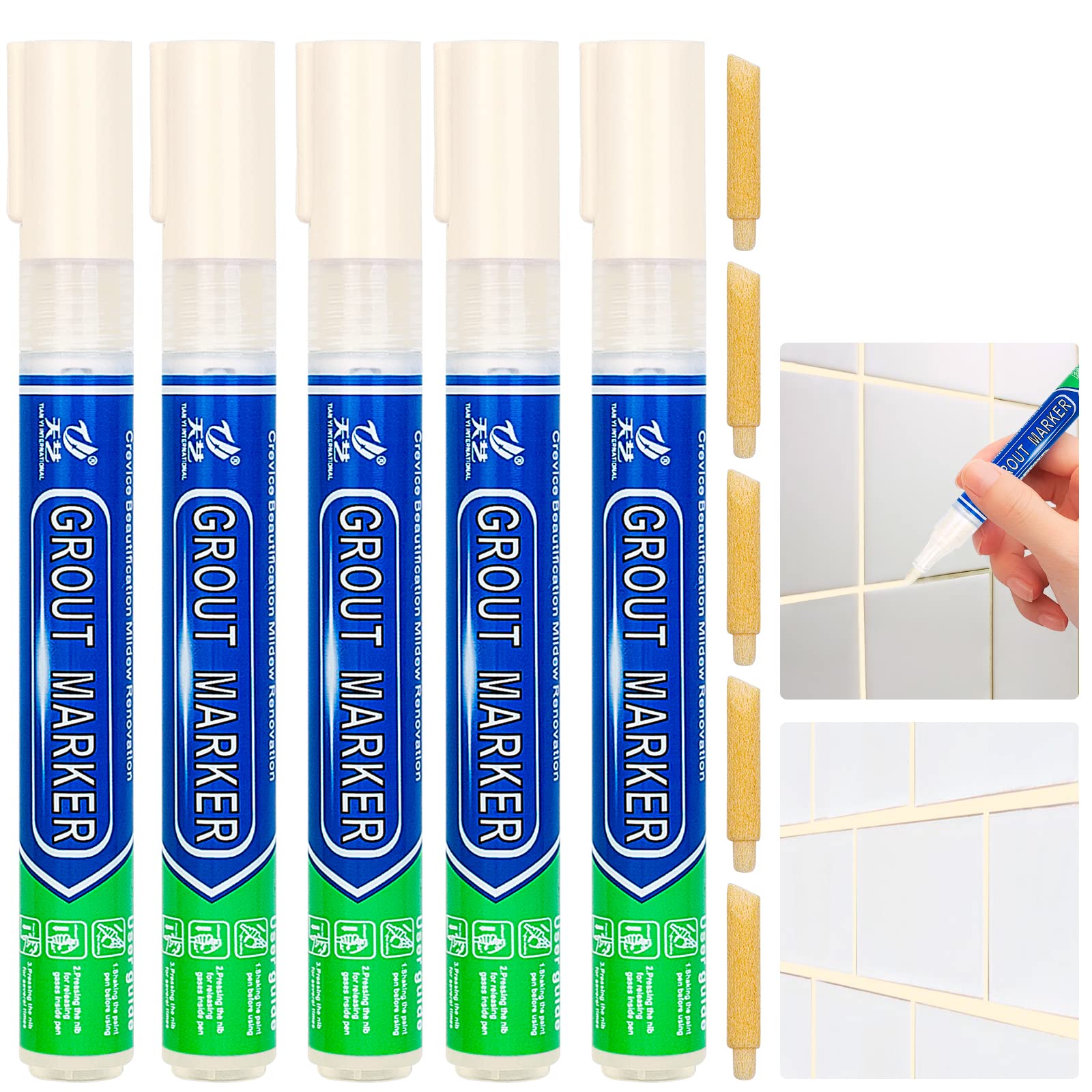 DRTRU 5 Pcs Tiles Grout Pen, Tile Grout Pen Beige Wall Repair Pens, Tile Grout Reviver Pens for Tile Grout Wall Floor Bathrooms and Kitchen Restoring Grout Joints