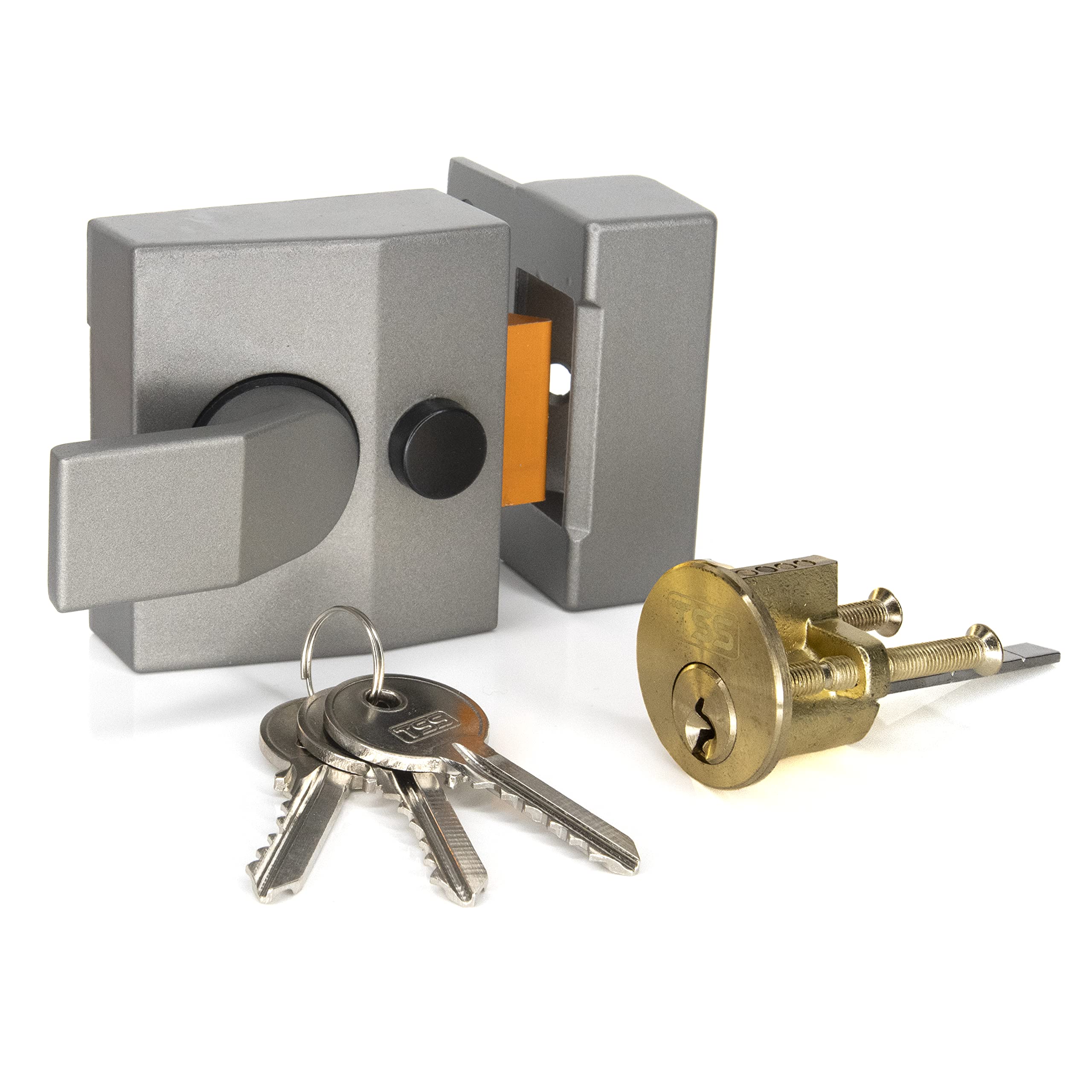 Standard Deadlocking Nightlatch, 40mm Backset, Complete with Rim Cylinder Lock Supplied with 3 Keys. External Door Lock for Front Door and Back Door. (Grey/Brass Cylinder)