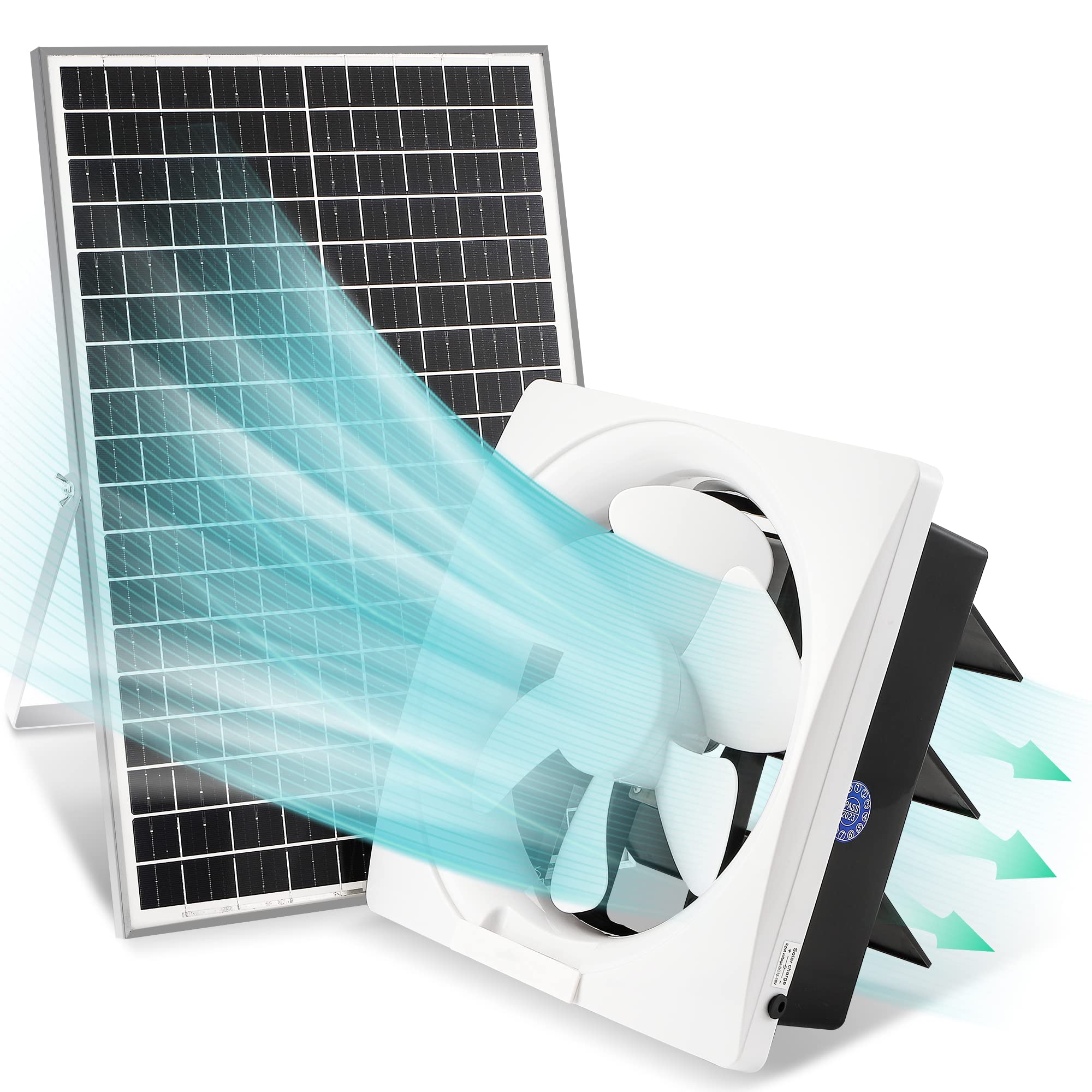 Photo 1 of (PARTIAL SET) (UNTESTED) Mxmoonfree Solar Powered Exhaust Fan Kit, 30W Solar Panel + 10'' High-airflow Shutter Exhaust Fan, Ventilation Solution for Greenhouse, Sheds, Chicken Coops, Pet Houses, RVs, Garages, Attics