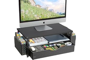 Spacrea Desk Organizer and Accessories, Computer Monitor Stand Riser with Drawer and 2 Pen Holders, Office Desk Accessories & Workspace Organizers for Office Supplies (Black)