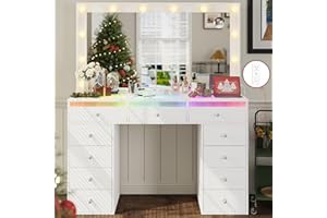 IFSEB Makeup Vanity Desk with RGB Lights and Large 36.9’’ Mirror, 11 Drawers Vanity with Glass Top & 3 Color Hollywood Bulbs, Make Up Vanity with Charging Station & Crystal Knobs for Woman, White