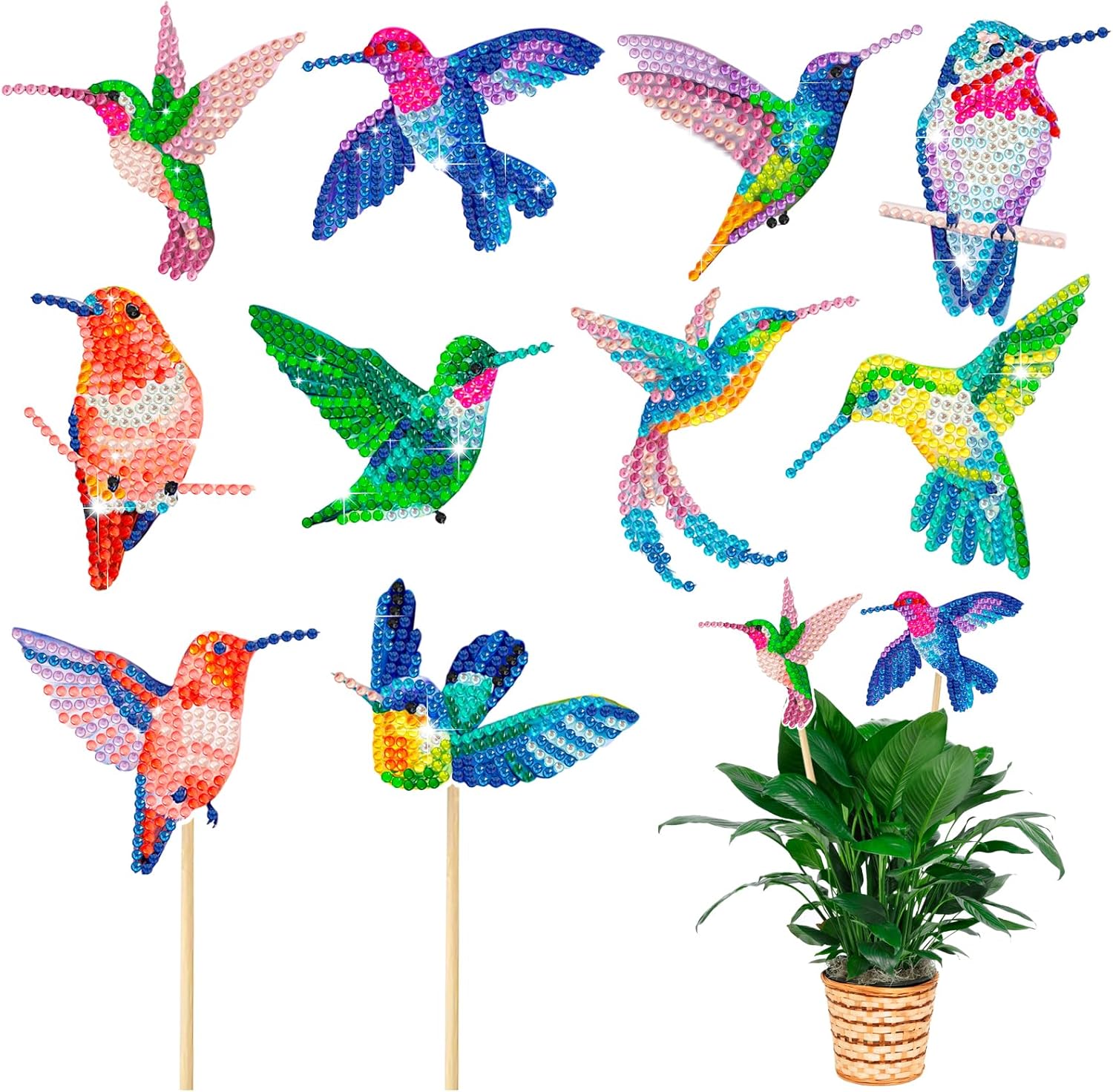 Decorative Garden Stakes - JHGCVX 10 Pcs Hummingbird Diamond Art, Diamond Painting Kits for Garden Decor, Hummingbird Stakes Diamond Art Kits for Indoor Outdoor Garden Yard Decoration