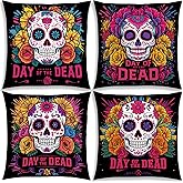 Pudodo Linen Day of The Dead Throw Pillow Covers 18x18 Set of 4 Sugar Skull Dia De Los Muertos Party Decoration for Home Bed Couch Sofa
