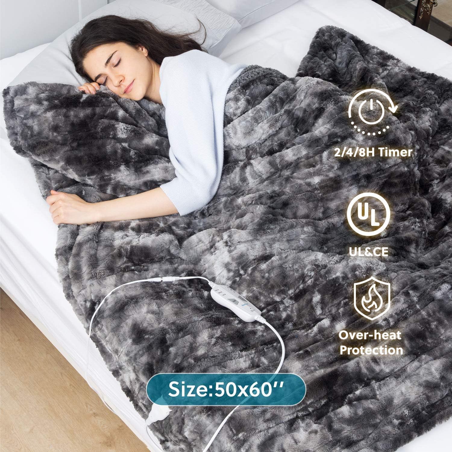 Bedsure Heated Blanket with 3 Heating Settings, 2/4/8H Timer, Auto-Off - Fast Heating Electric Blanket - Low Voltage Super Soft Faux Fur Tie Dye Fleece Throw Blanket, 50×60 Inch, Grey: Kitchen & Dining