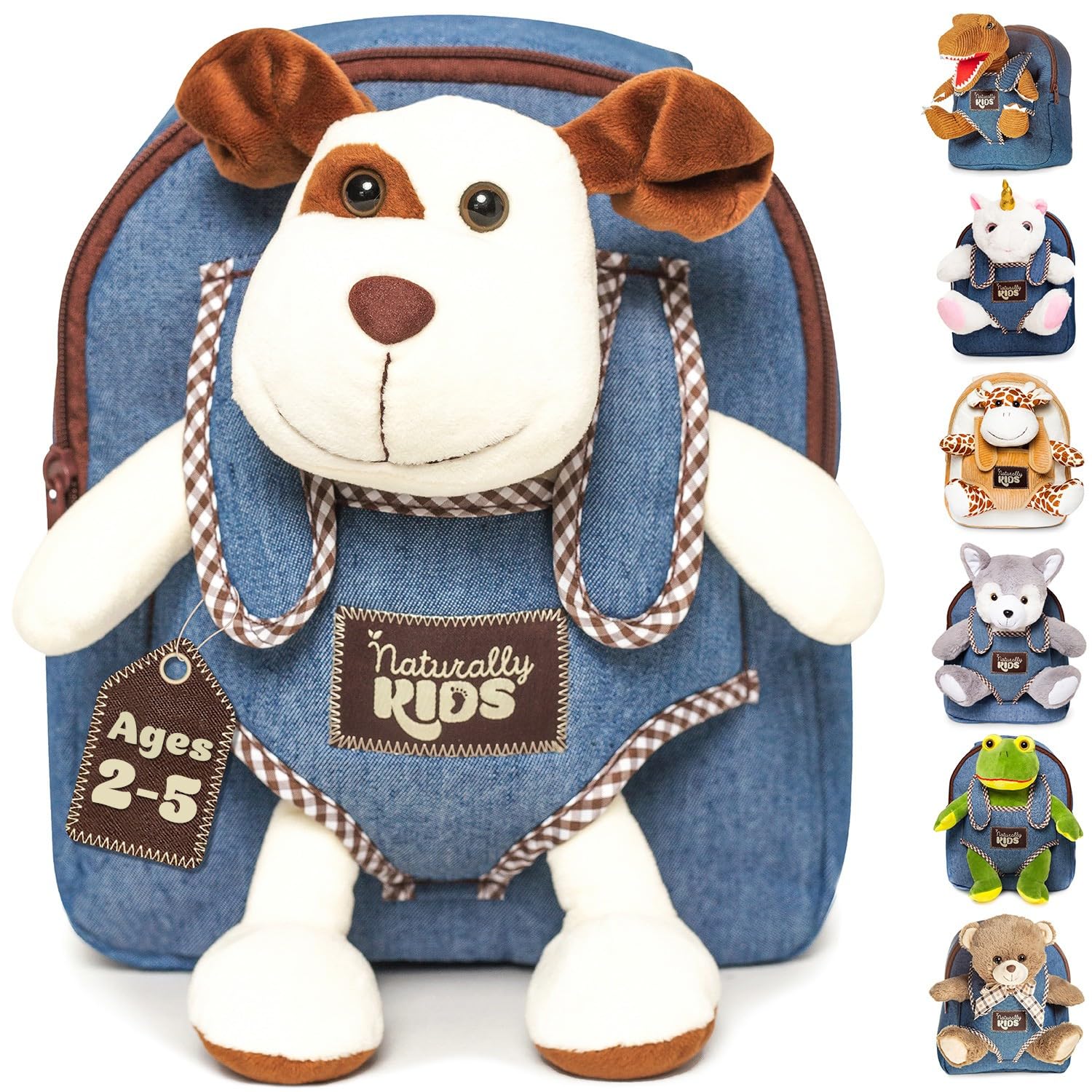 Naturally KIDS Toddler Backpack w Stuffed Animal Dog Plush Toy for Girls Boys, Birthday Gifts for 3-5 Year Old