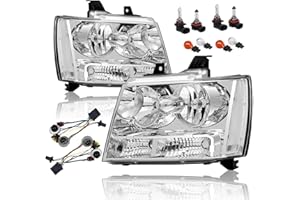 APSVE Headlights Assembly w/Bulbs & Wiring Harness compatible with 2007-2014 Chevy Tahoe Suburban/ 2007-2013 Chevy Avalanche, Chrome Housing Clear