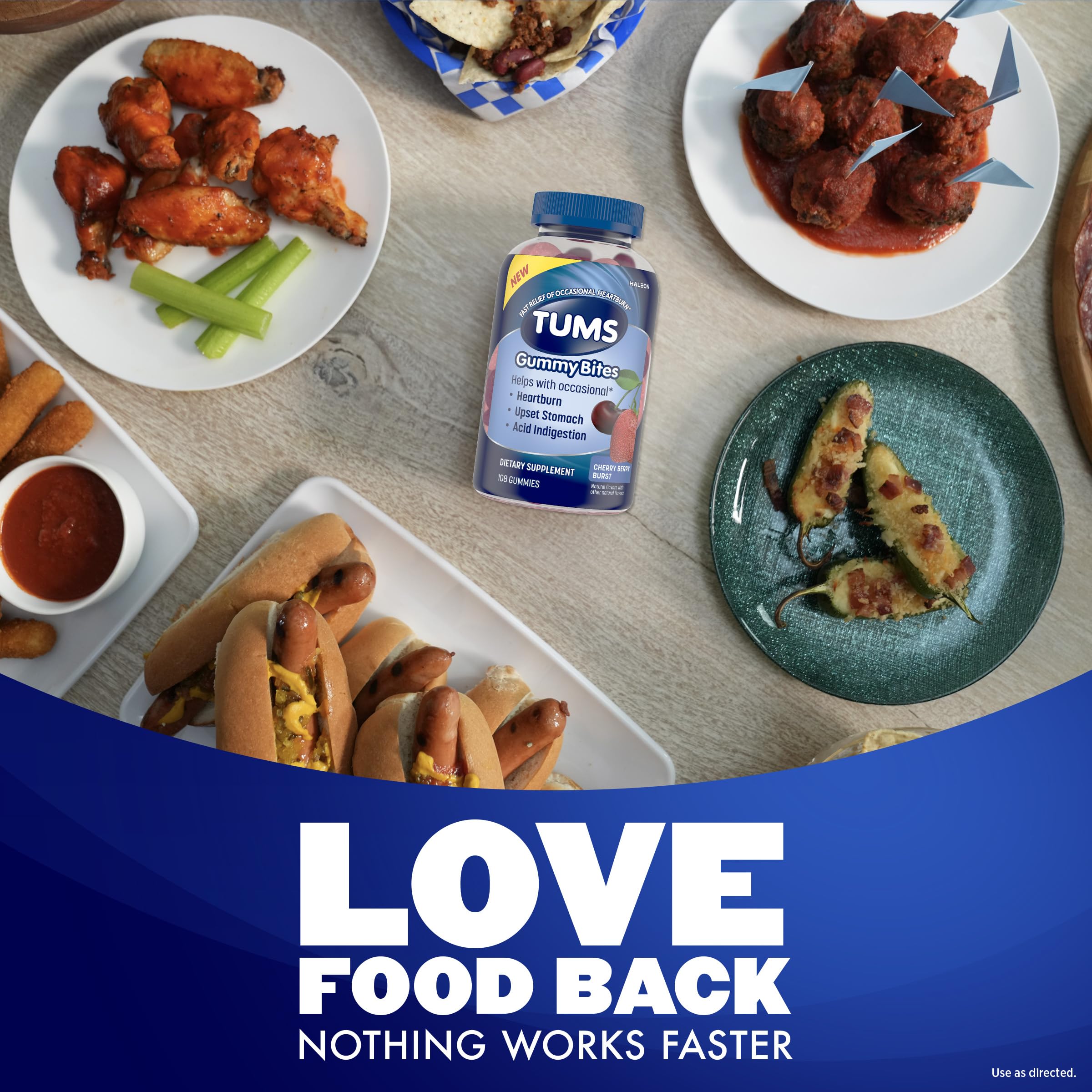 TUMS Gummy Bites Dietary Supplement for Occasional Heartburn Relief, Upset Stomach and Acid Indigestion, Great for a Summer BBQ - Cherry Berry Burst - 108 Count