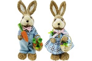 DearSun Set of 2pcs,14" H Easter Straw Bunny Figurine Tabletop Decor, Blue Sisal Rabbit Couple Statue with Carrots&Eggs, Spring Party Garden Table Decor Centerpiece for Home Office Kitchen Farmhouse;