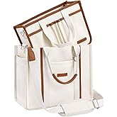 BESBESME Women’s Canvas Tote Bag with Zipper and Compartments – Multi-Pocket Laptop Work Crossbody Shoulder Tote Purse