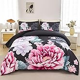 RYNGHIPY Queen Size Comforter Set Pink Floral Botanical Pattern Bedding Set Black Comforter Bedding Sets for All Seasons (Black Pink,Queen Size)
