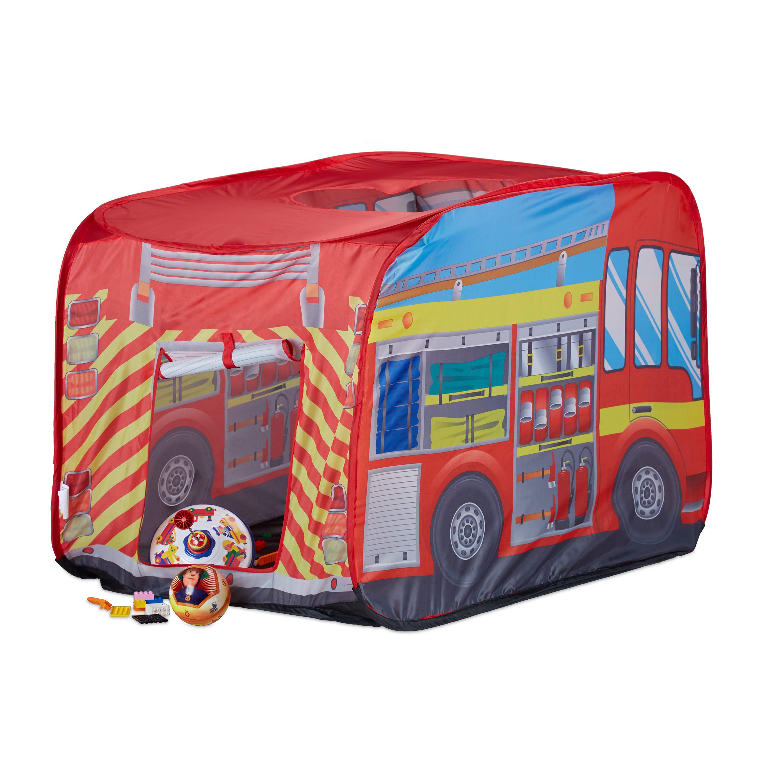 Relaxdays Fire Brigade Play Tent, Pop Up Fire Truck Playhouse, For Indoor & Outdoor Use, 70x110x70 cm, Age 3 and Up, Red