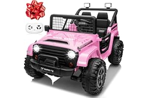 24V XL Ride on Car with Remote Control, JOYRACER 2 Seater 4WD/2WD Switchable Electric Car for Kids w/20 Inch Wide Seat, Gift Flower, 4X200W Power Car Wheels 24 Volt Big Truck for Boys Girls, Pink