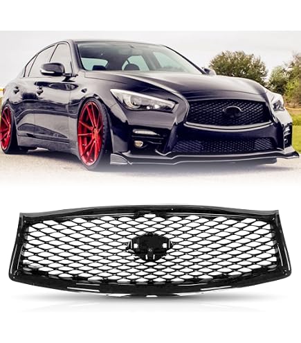 Front Bumper Grille For Infiniti Q50 (2018-2024) - Gloss Black Mesh, With Camera & Sensor Holes