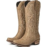 Choiran Cowboy Boots for Women - Embroidered Cowgirl Boots Western Mid Calf Fashion Chunky Heel Pointed Toe Country Boot