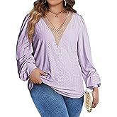 Eytino Womens Plus Size Tops Lantern Long Sleeve Lace V Neck Dressy Casual Blouse Loose Tunic Shirts(1X-5X)
