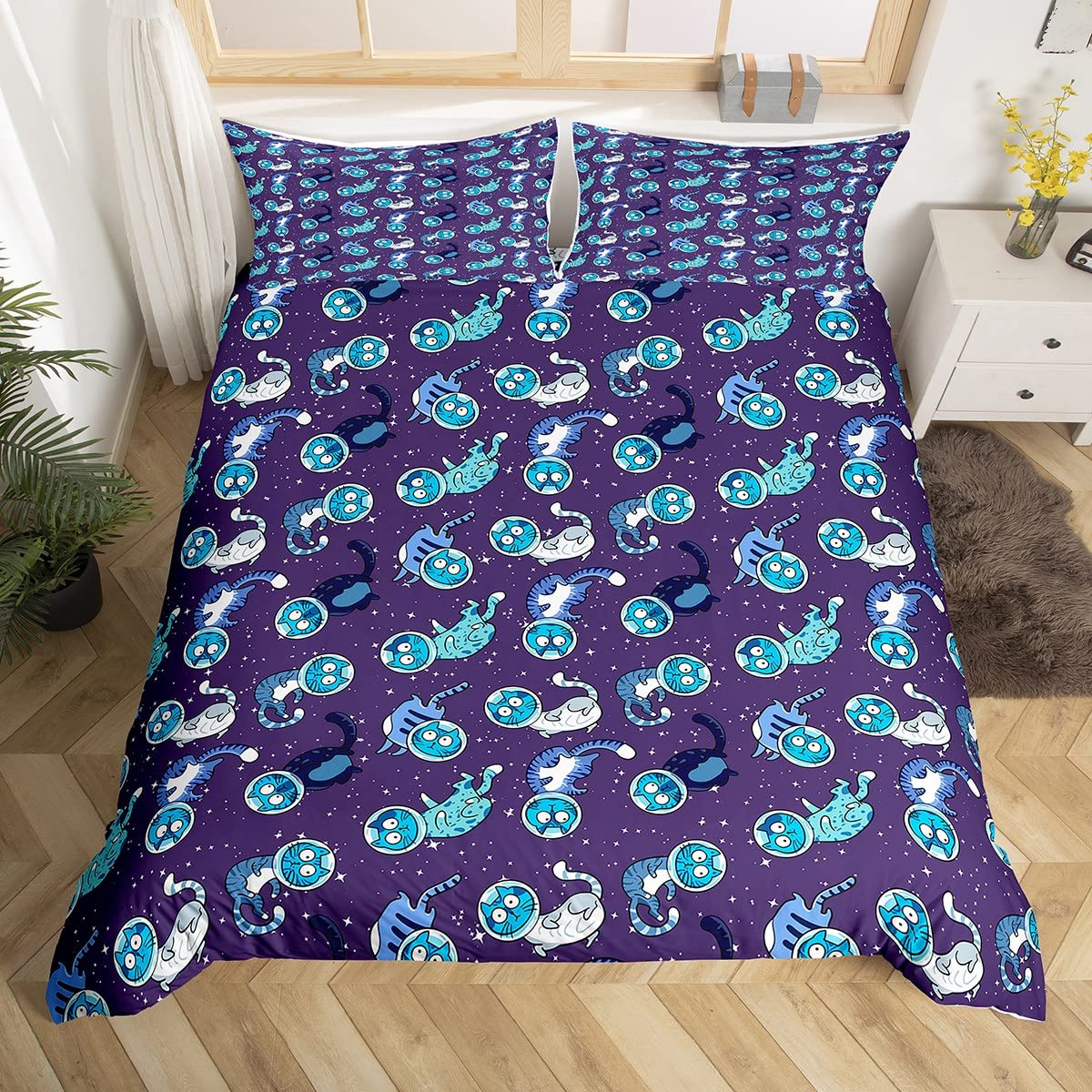 Cartoon Cat Duvet Cover Kids Purple Bedding Set Space Cat Quilt Cover for Boys Girls Teens Cute Pet Animal Comforter Cover 3Pcs Double Cute Lovely Child Room Decor