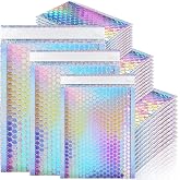 MOUCHOT Holographic Bubble Mailers Shipping Bags, 50 Pack, 3 Sizes | Waterproof Self Seal Adhesive Foil Glitter Glamour Shipping Bags for Mailing Packing, Small Business, Jewelry Makeup Supplies